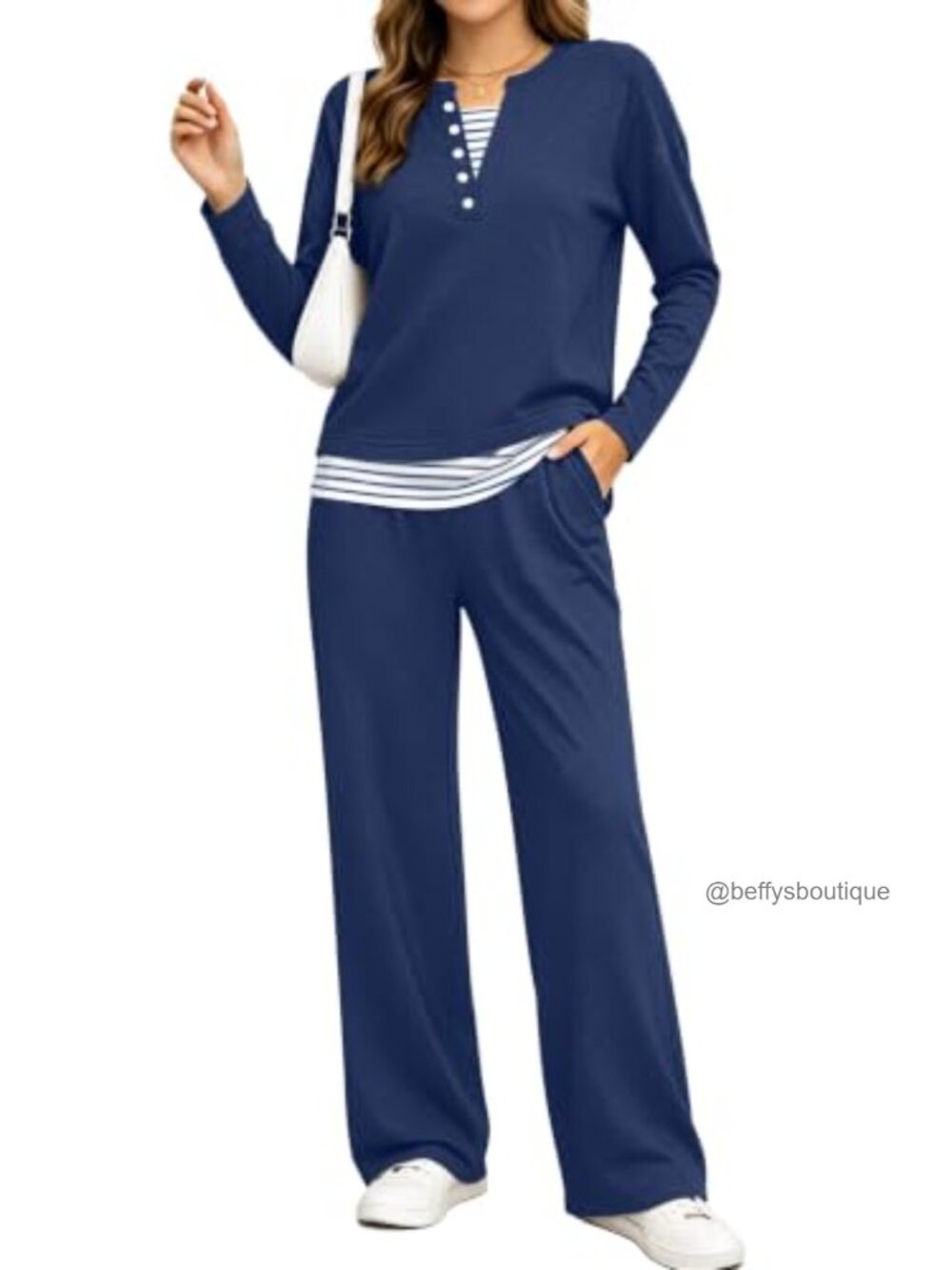 Women's 2 Piece Lounge Set Henley Top Wide Leg Pants Polyester